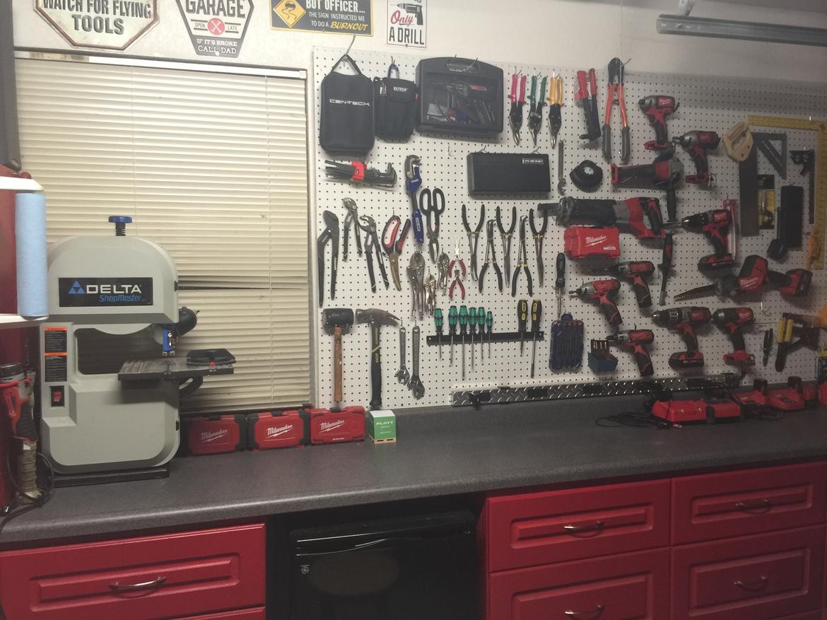 Pegboard tool storage on a garage wall