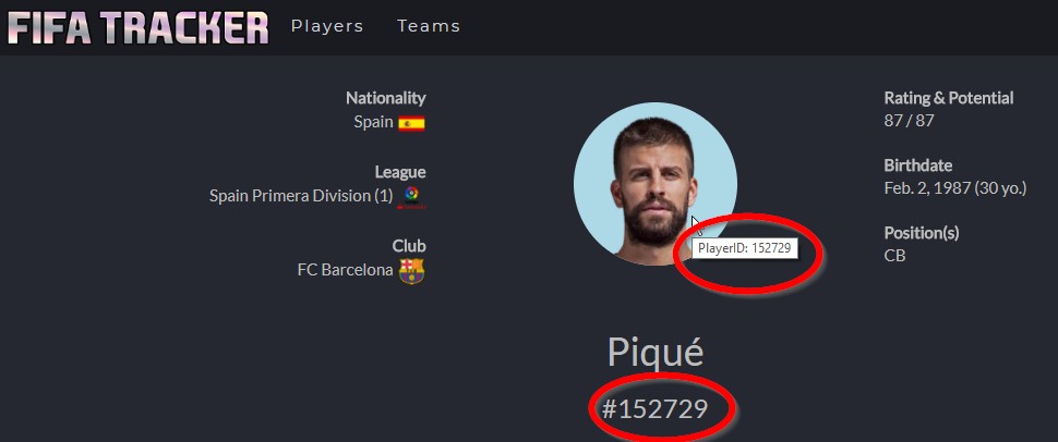 Pique Player ID in FIFA 18 Database