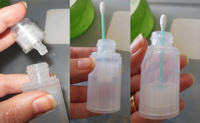 Steps to refill airless pump bottle using piping bag and q-tip