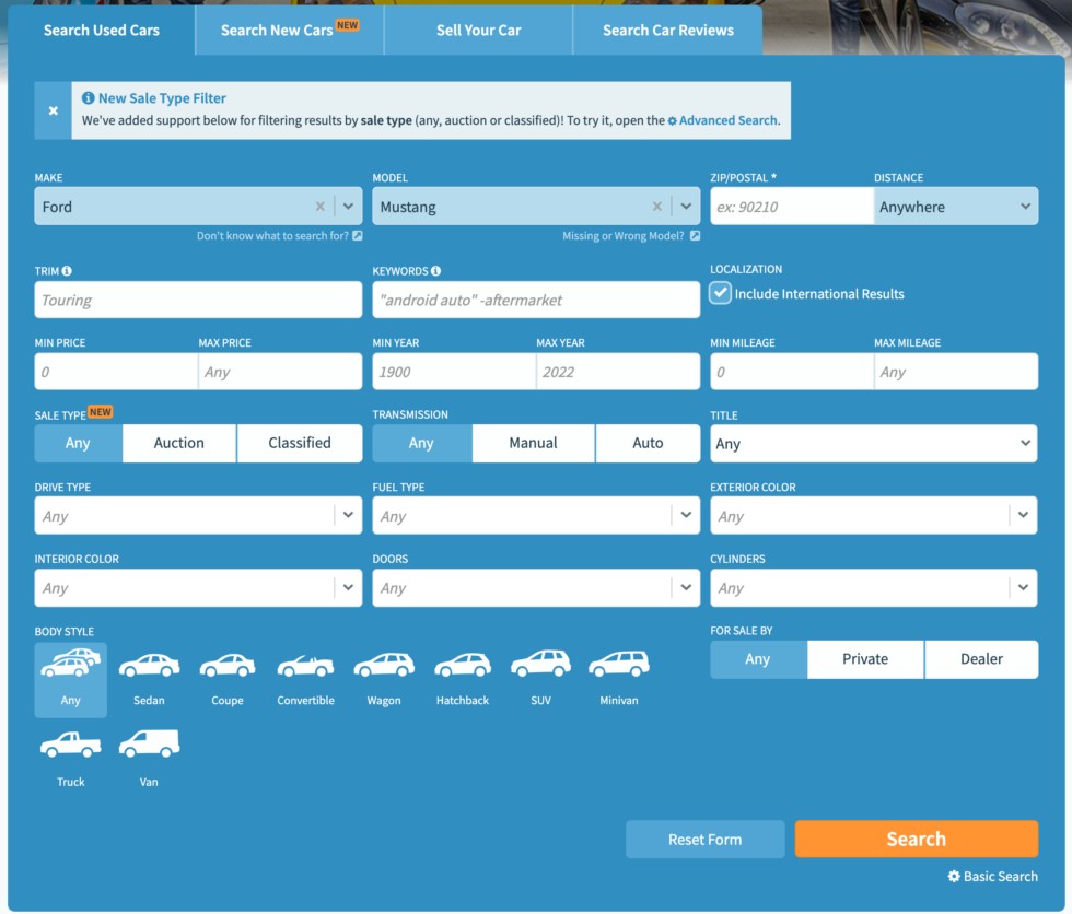 AutoTempest search interface showcasing extensive filters and search options