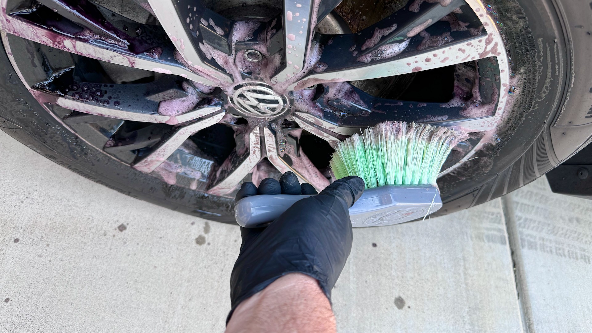 Chemical Guys Wheelie brush in use. 