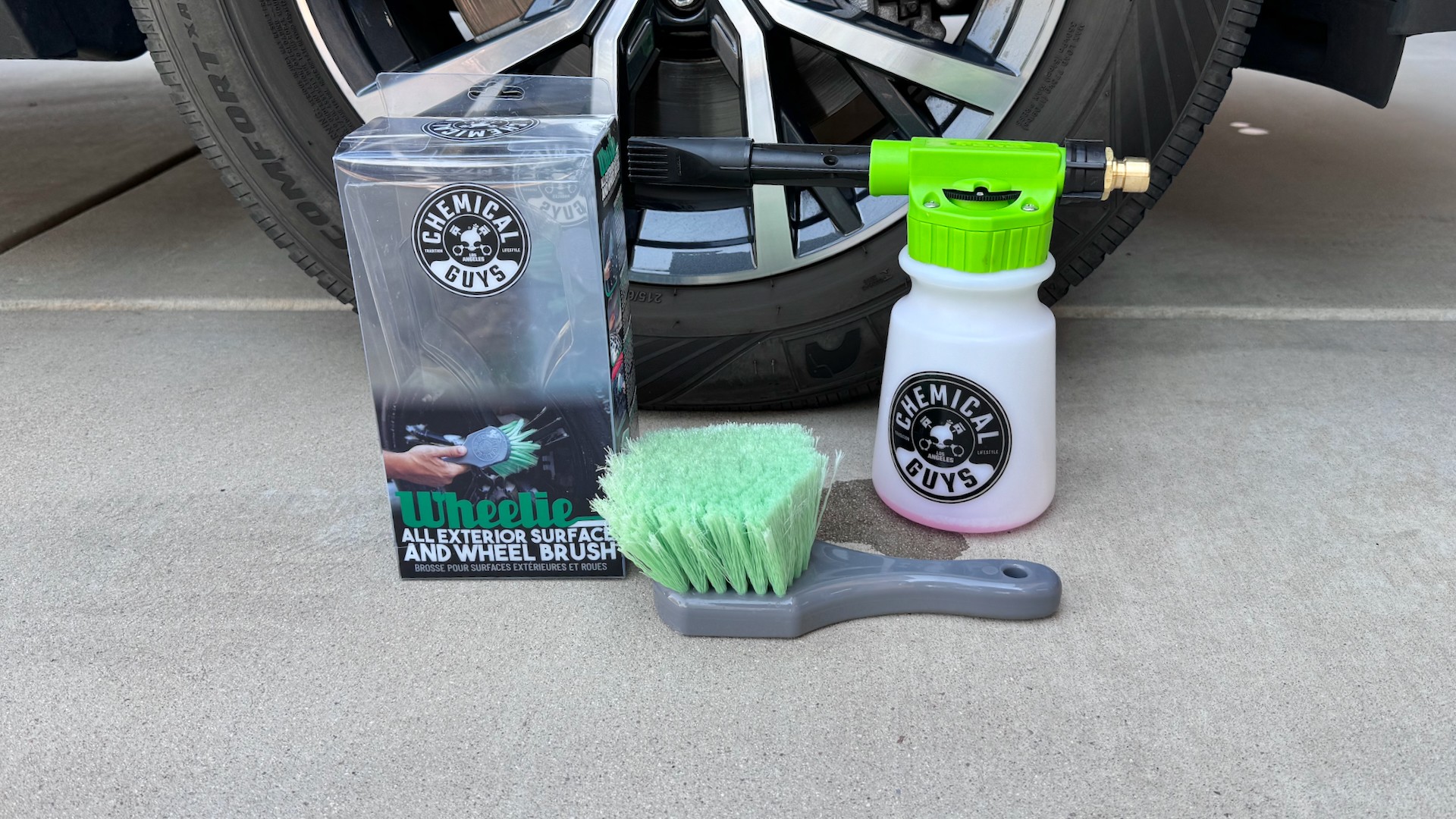 Chemical Guys foam cannon and wheelie brush.