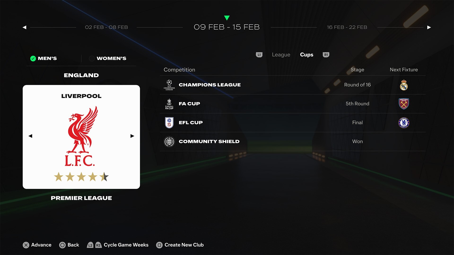 Screenshot from FC 25 showing Liverpool Football Club logo with updates on different competitions for a given week.