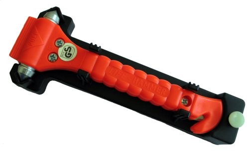 Emergency hammer tool for car. Alt text: A LifeHammer emergency escape tool, orange in color, designed to break car windows and cut seatbelts in emergencies, shown against a white background.