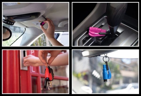 Resqme car escape tool attached to keys and mounted in car