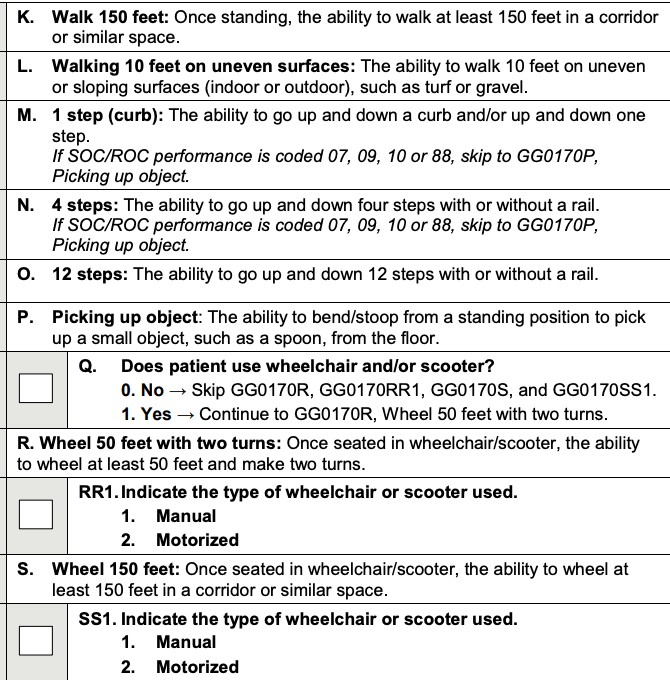 Section GG Mobility Items related to Walking and Wheelchair Use