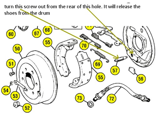 Rear drum brake adjuster location on MGB