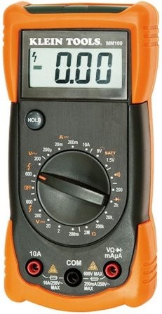 Klein MM100 Multimeter being used to test a car battery.